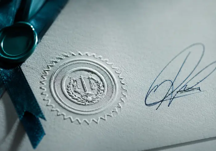 Sello y firma notarial sobre un documento